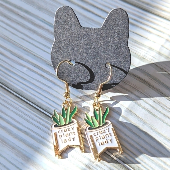 Crazy Plant Lady Potted Succulent Charm Drop Earrings in White and Green NWT - Picture 1 of 4